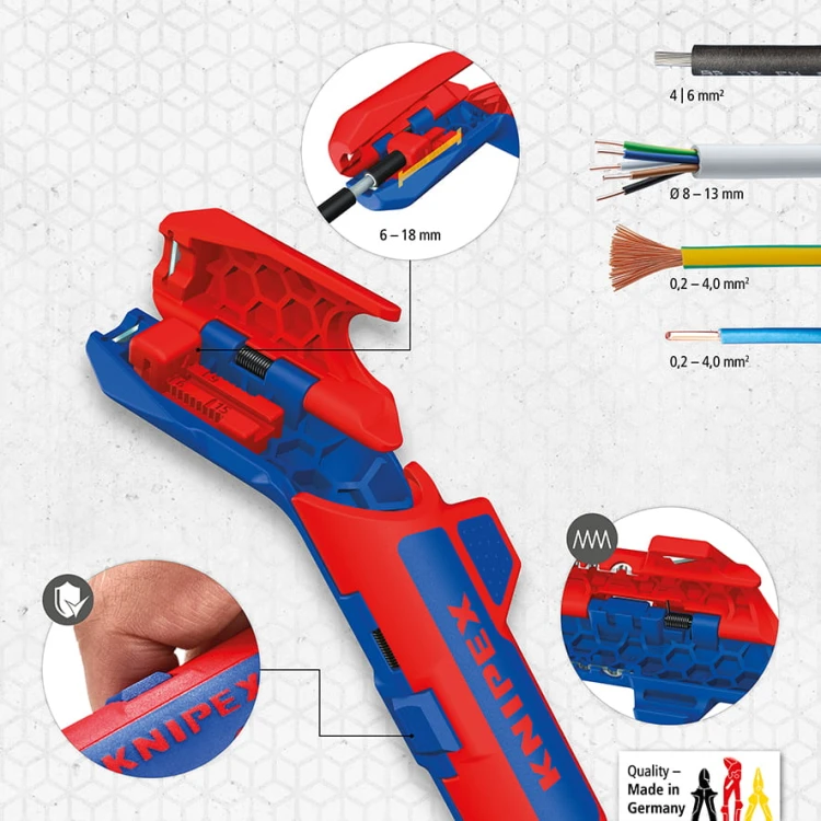 KNIPEX ErgoStrip PV 16 95 03 SB – infografika techniczna pokazująca profile do przewodów solarnych 4 i 6 mm², kable okrągłe Ø 8–13 mm, pojedyncze żyły 0,2–4 mm² oraz regulowany ogranicznik długości odizolowania 6–18 mm.