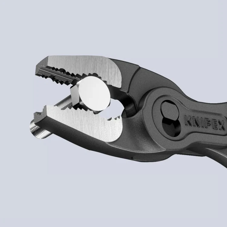 KNIPEX 82 00 100 TwinGrip XS – ząbkowane szczęki czołowe do mocnego chwytania śrub i niewielkich elementów metalowych.