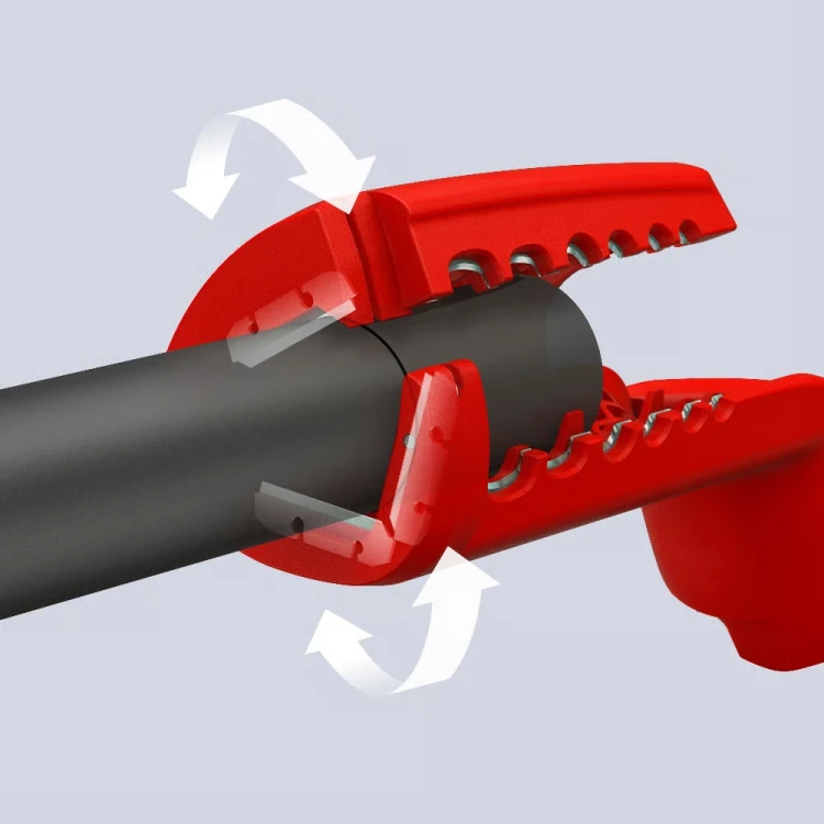 KNIPEX ErgoStrip XL 16 95 11 – cięcie obwodowe zewnętrznej powłoki kabla okrągłego za pomocą profilowanych szczęk narzędzia.