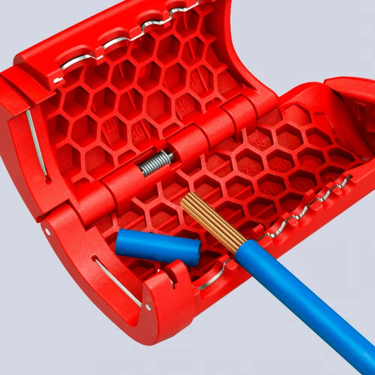 KNIPEX ErgoStrip XL – zintegrowane profile do ściągania izolacji z pojedynczych żył o przekrojach 2,5–25 mm², z oznaczeniami rozmiarów.