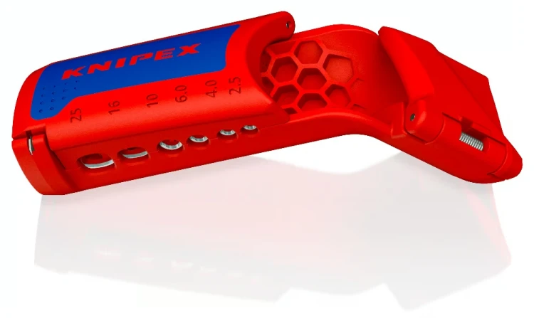 KNIPEX 16 95 11 ErgoStrip XL – kompaktowe narzędzie do kabli okrągłych z oznaczonymi profilami do odizolowywania żył i składaną konstrukcją.