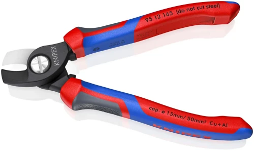 Nożyce KNIPEX 95 12 165 z rozwartymi ostrzami i trójkomponentowymi rękojeściami Comfort, zapewniającymi ergonomiczny chwyt podczas cięcia kabli.