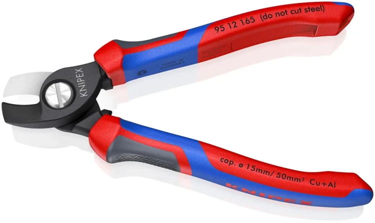 Nożyce KNIPEX 95 12 165 z rozwartymi ostrzami i trójkomponentowymi rękojeściami Comfort, zapewniającymi ergonomiczny chwyt podczas cięcia kabli.