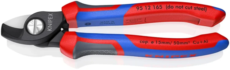 KNIPEX 95 12 165 – profesjonalne nożyce do kabli miedzianych i aluminiowych, z profilowanymi ostrzami i oznaczeniem maksymalnego zakresu cięcia Ø 15 mm / 50 mm².