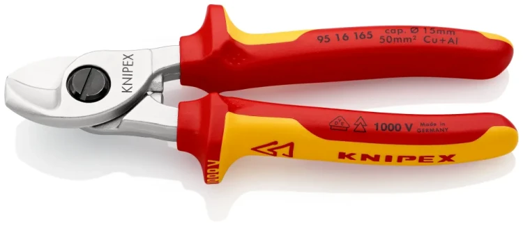KNIPEX 95 16 165 – izolowane nożyce do kabli VDE 1000 V, długość 165 mm, do przewodów miedzianych i aluminiowych Ø 15 mm / 50 mm².
