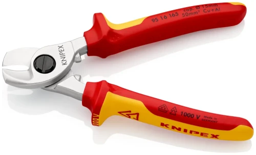 KNIPEX 95 16 165 – nożyce kablowe z chromowaną głowicą, profilowanymi ostrzami i wielokomponentowymi rękojeściami izolowanymi VDE 1000 V.