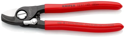 KNIPEX 95 21 165 – nożyce do kabli miedzianych i aluminiowych 165 mm ze sprężyną rozwierającą i blokadą zamknięcia.