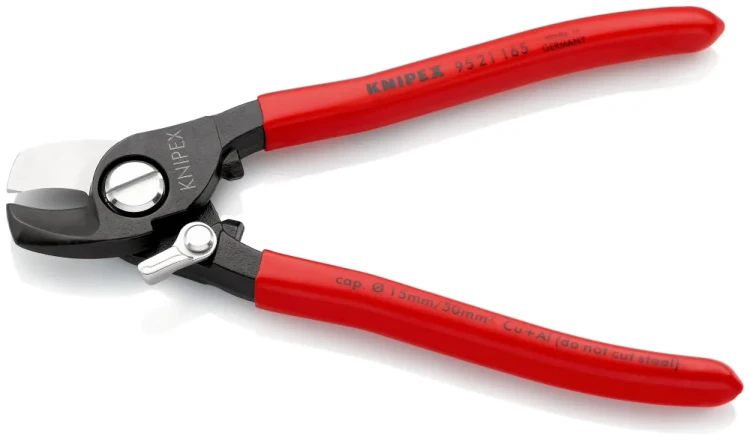 KNIPEX 95 21 165 – nożyce kablowe z automatycznym rozwieraniem rękojeści, profilowanymi ostrzami do czystego cięcia przewodów Cu i Al.