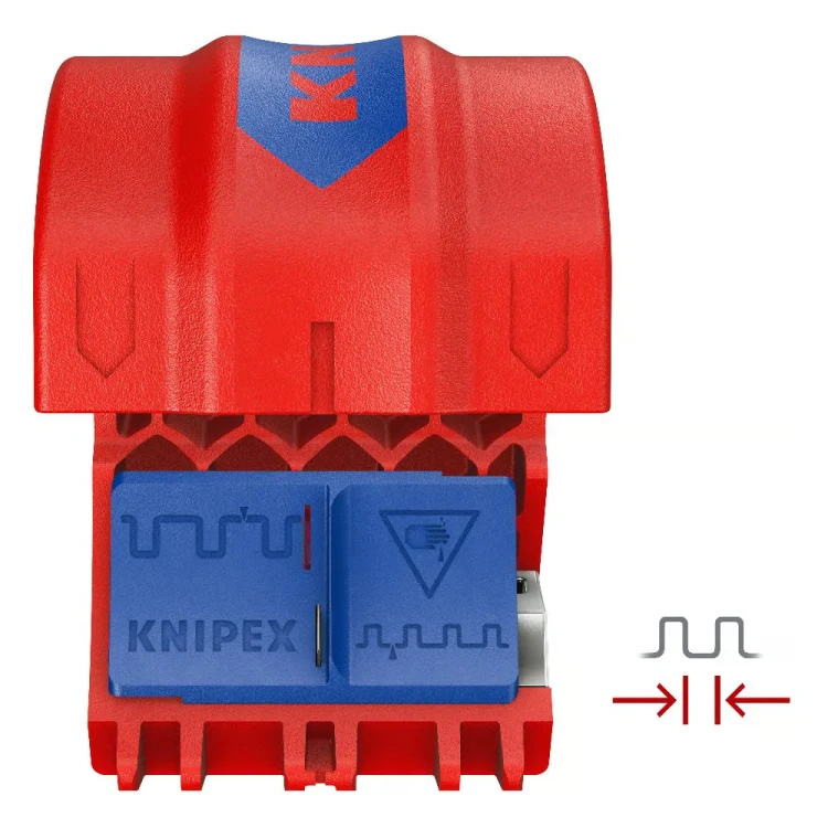 KNIPEX 90 22 10 V01 BiX CT56 – alternatywne ustawienie wkładki do cięcia rur karbowanych o różnej geometrii fali, z oznaczeniami pozycjonowania.