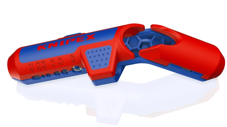 KNIPEX 16 95 03 SB ErgoStrip PV – ergonomiczny ściągacz izolacji do przewodów fotowoltaicznych z profilami do żył PVC i rękojeścią pistoletową.