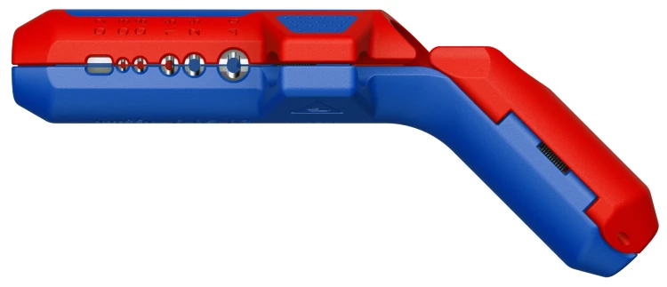 KNIPEX ErgoStrip PV 16 95 03 SB – widok sześciu profili do odizolowywania pojedynczych żył PVC, z oznaczeniami przekrojów na obudowie narzędzia.