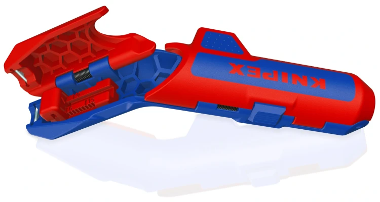 KNIPEX ErgoStrip PV 16 95 03 SB – otwarty ściągacz izolacji z widocznym mechanizmem sprężynowym i regulowanym ogranicznikiem do przewodów solarnych.