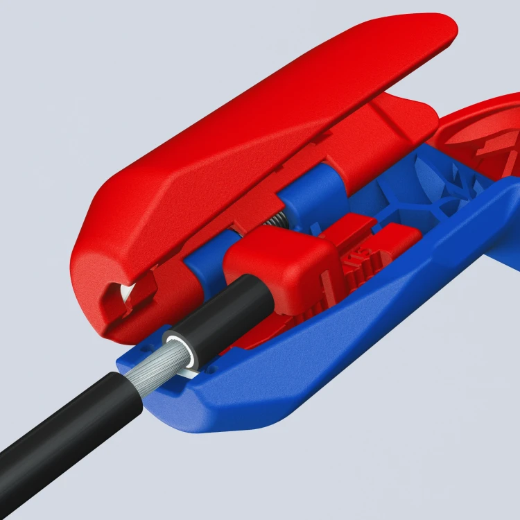 KNIPEX ErgoStrip PV 16 95 03 SB – precyzyjne zdejmowanie izolacji z czarnego przewodu z użyciem profilu odizolowującego i ogranicznika długości.