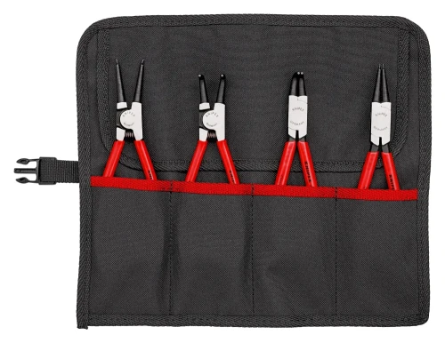KNIPEX 00 19 56 – zestaw czterech szczypiec do pierścieni osadczych wewnętrznych i zewnętrznych Ø 19–60 mm, z końcówkami prostymi i wygiętymi pod kątem 90°, w poliestrowym etui.